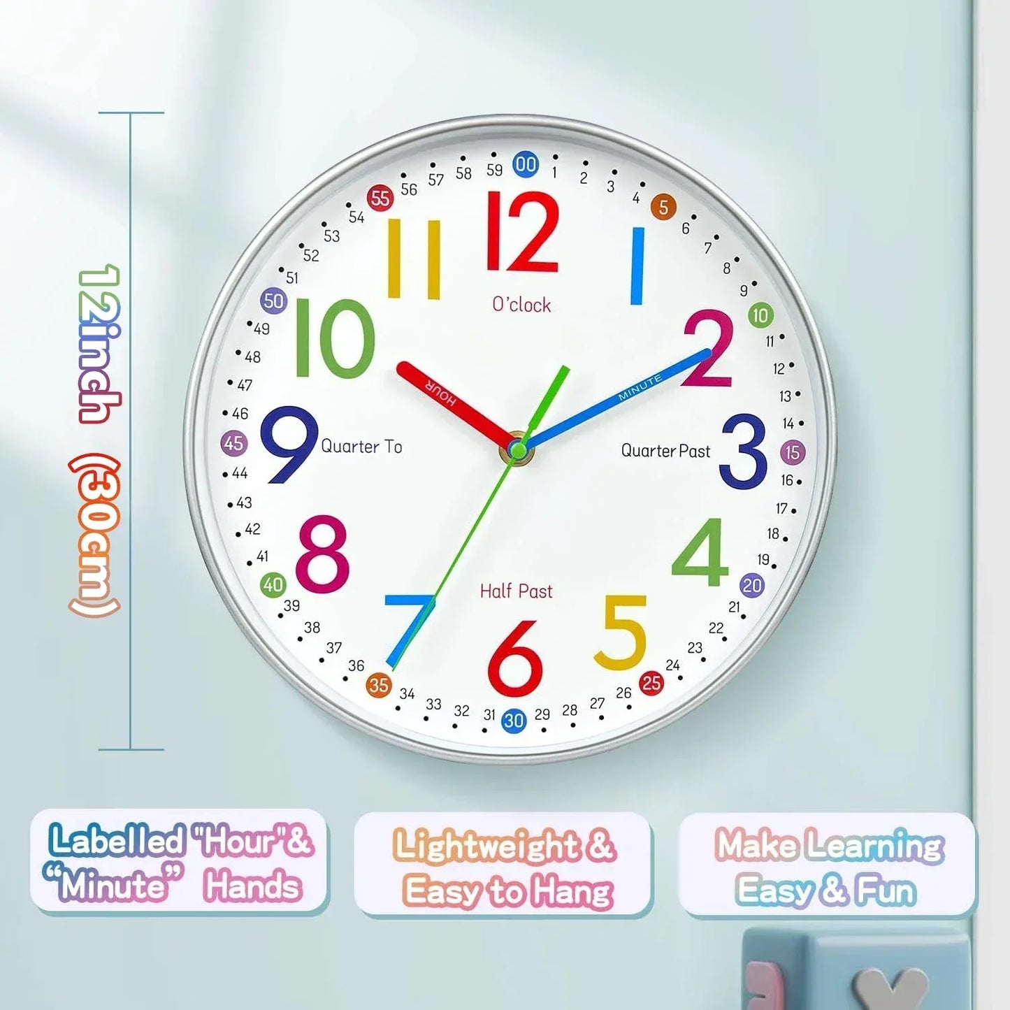 12 Inch Early Education Wall Clock Cartoon Children's Time Management Quartz Clock Home Wall Hanging Silent Clock 30CM - Urbizia