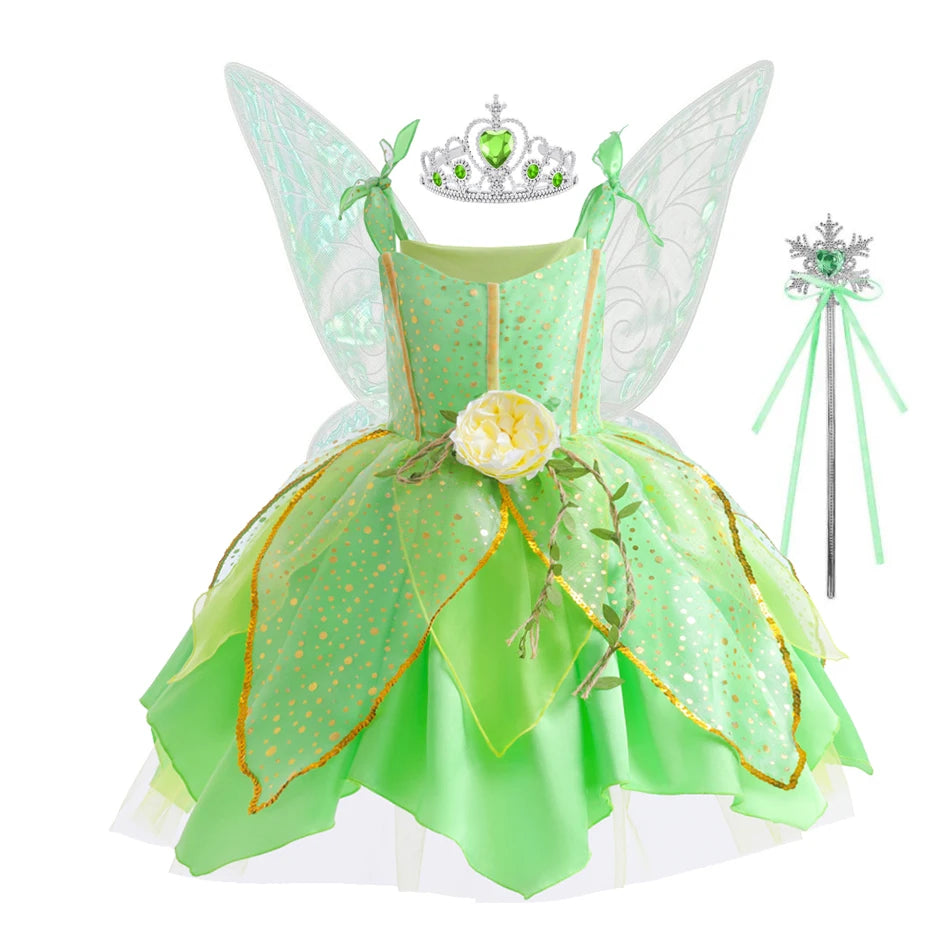 Girls Flower Fairy Dress – Kids Princess Costume with Wings, Halloween & Party Tinkerbell Dress