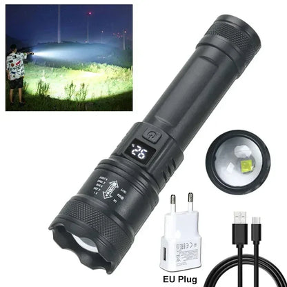 High Strong Power Led Flashlights 2000LM Tactical Torch with Display Light USB Charging Camping Fishing Emergency Zoom Lantern - Urbizia