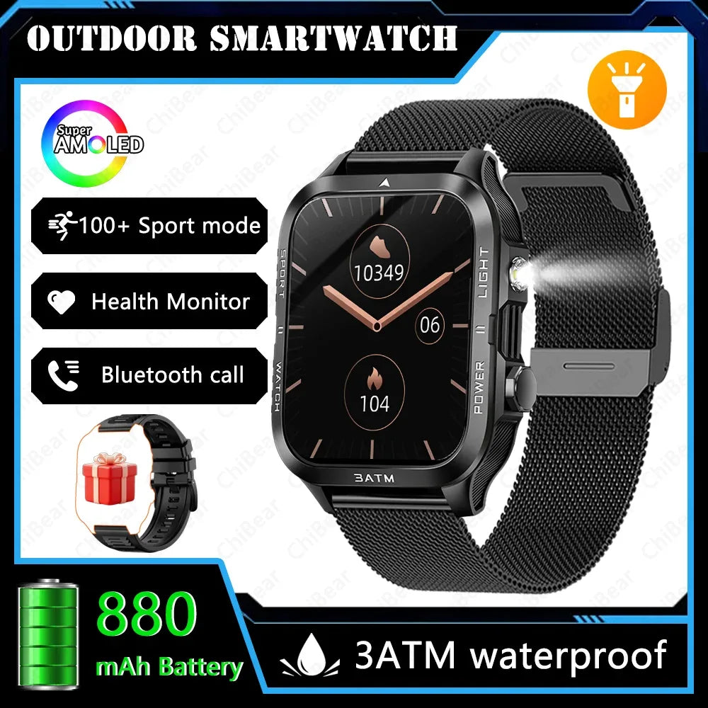 Outdoor Smartwatch Men GPS Sports 800mAh Battery Bluetooth Call Health 1.96-inch Screen Flashlight 3ATM Waterproof Smart Watch - Urbizia