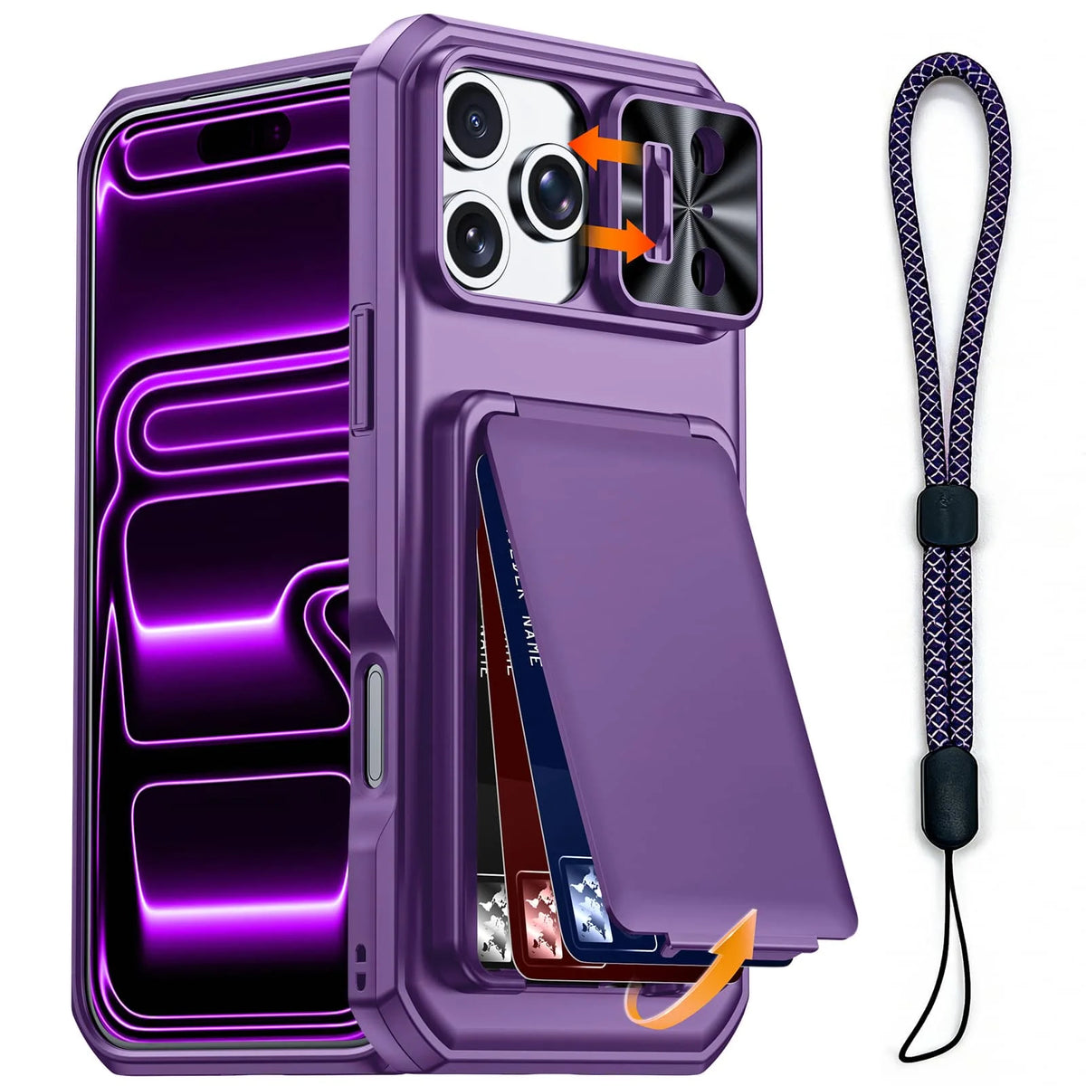 WEFOR for iPhone 18 17 16 15 Pro Max Wallet Card Holder 3-4 Cards Kickstand Slide Camera Cover Wrist Strap Rugged Shockproof