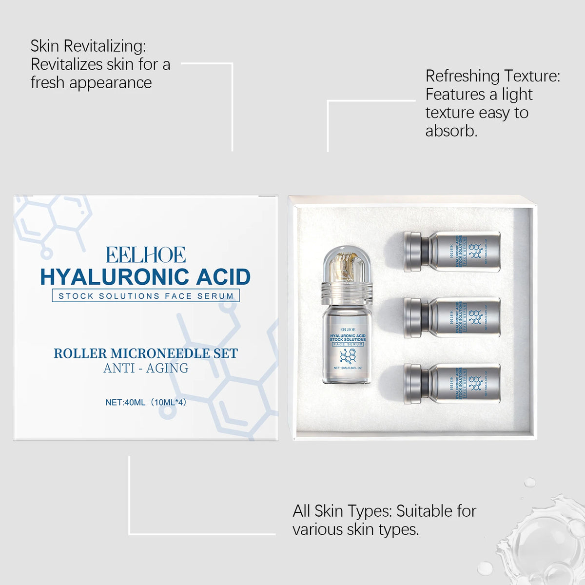 Hyaluronic Acid Stock Solutions Face Serum with Roller Microneedle Set Moisturizing Anti-Wrinkle Facial Serum Smoothing Refresh
