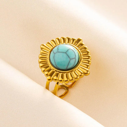 Turquoise Finger Jewelry Long Oval Sun Heart Water Drop Stainless Steel Rings For Women Men Accessories Gold Plated Open Anillos