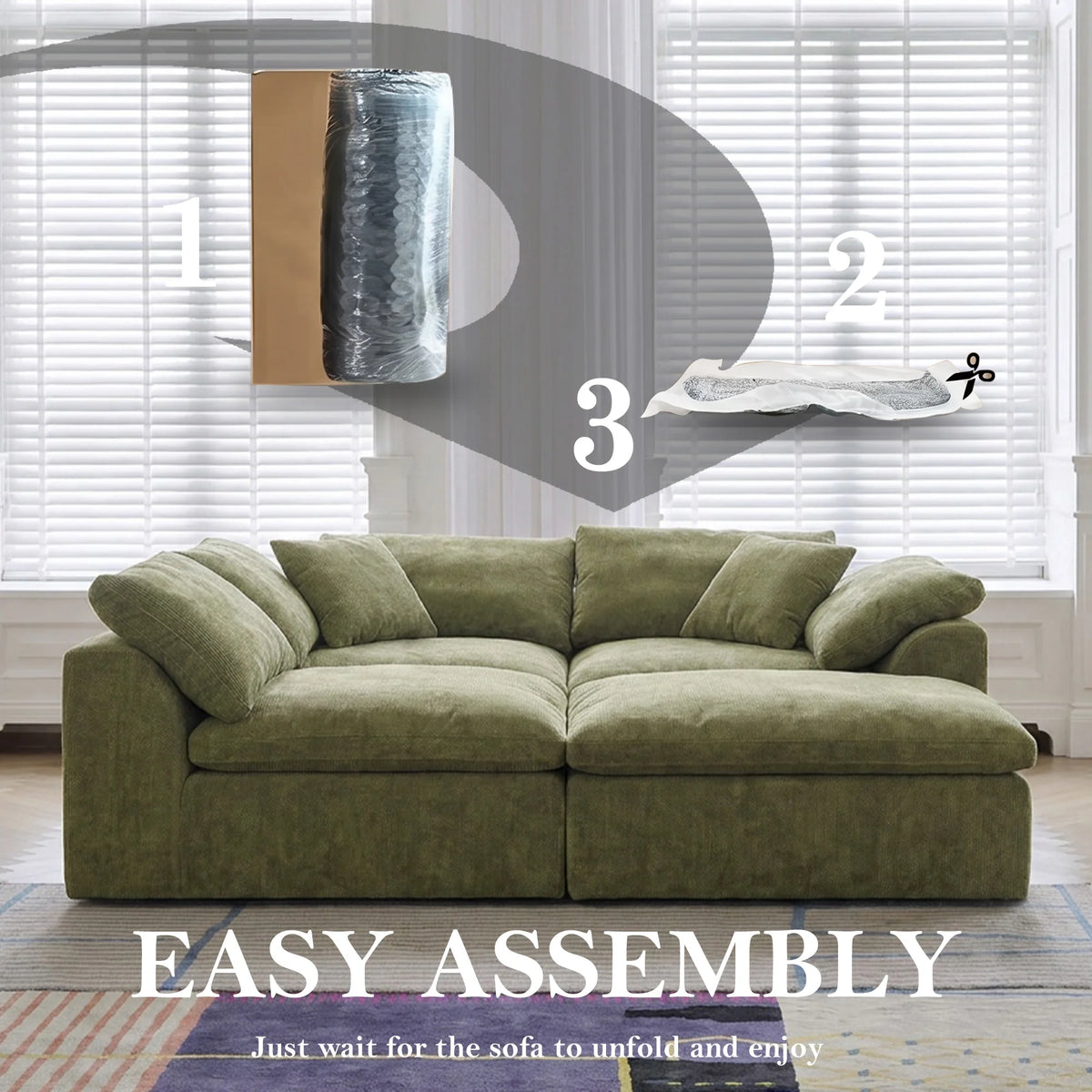 109" Modern Cloud L-Shaped 3-Seater Oversized Deep Seat Chenille Fabric Sofa White Modular Sectional with Ottoman
