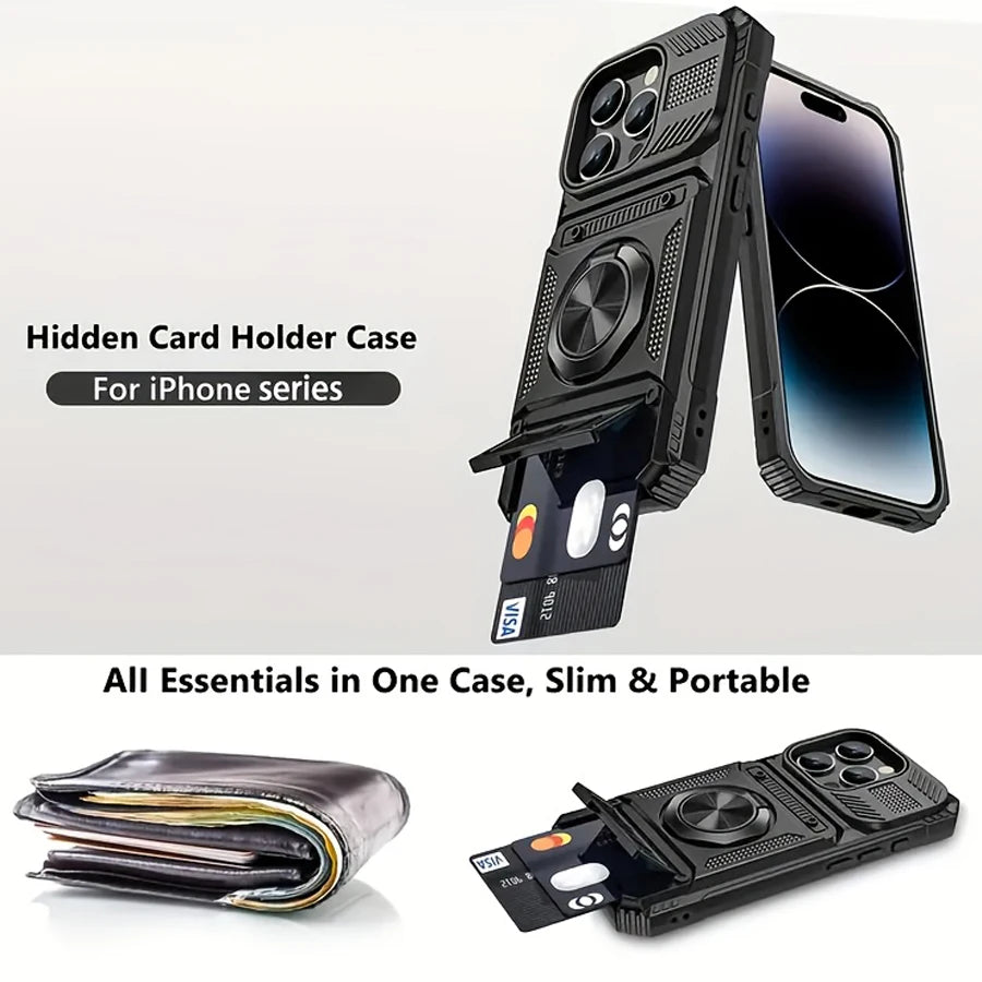 Rugged Armor Phone Case with Hidden Dual Card Slot & 360° Rotating Metal Ring Holder Kickstand, Shockproof Heavy-Duty Hard Shell with Raised Camera Protection, Compatible with iPhone 18/17 Pro Max/16/15/14/13/12/11/Plus/Aie