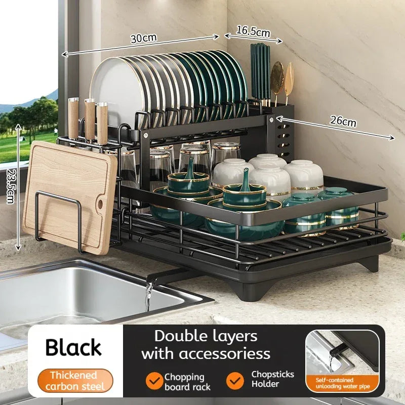 2-Tier Adjustable Steel Kitchen Dish Drying Rack with Drain Tray