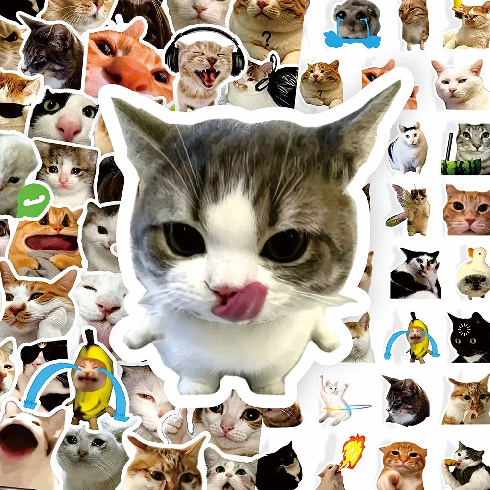 10/50/100pcs Funny Cat Meme Cartoon Stickers Waterproof DIY Laptops Water Bottles Phones Cute Animal Decals Toys Gifts