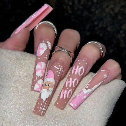 24Pcs Glitter Pink Sequins Fake Nails – Halloween Skull & Love Print Ballet Press-on Nails