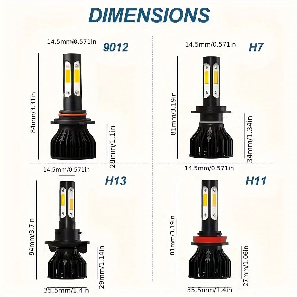 2pcs New 4 Sides 9005/HB3 9006/HB4 H4 H7 H11 H13 9004 9007 Car LED Bulbs 6000K White 8000K Ice Blue 26000LM 360 Beam Angle
