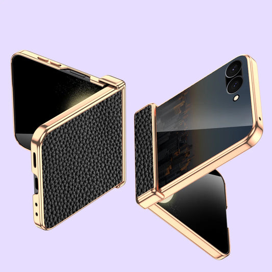 Cowhide Leather Phone Case for Samsung Galaxy Z Flip7 Flip6 Flip 7 FE 6 5 Luxury Hinge Protection Cover with Tempered Glass