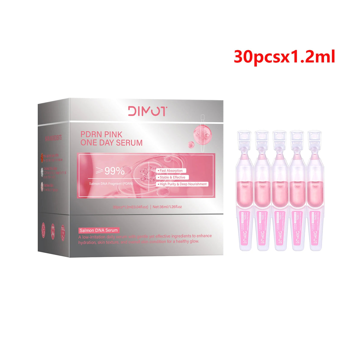 30pcs/Box PDRN Pink One Day Serum Deep Moisturizing,Repairs,Brightens,Reduces Sagging Skin Care Essence Multi-effect Benefits