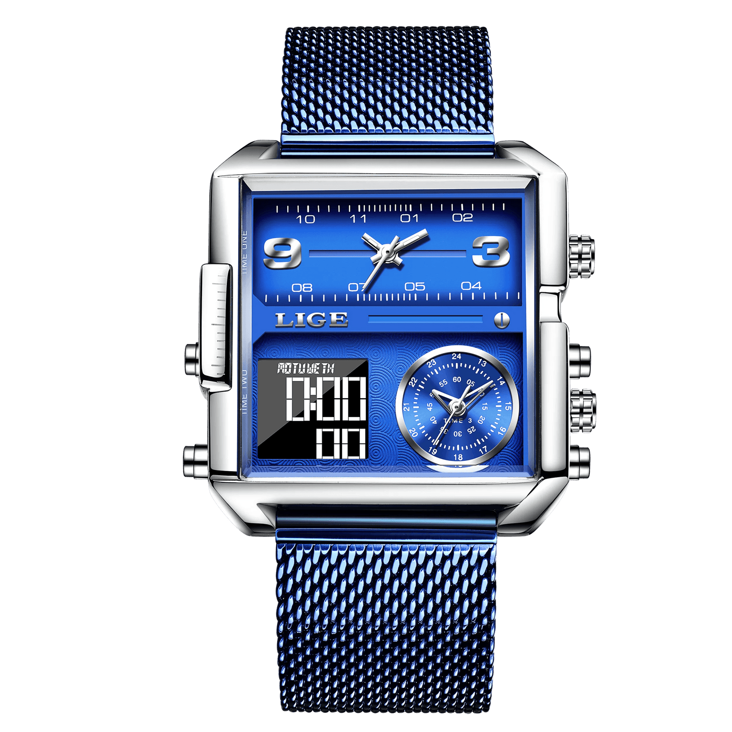 LIGE New Top Brand Luxury Fashion Men Watches Gold Steel Sports Square Digital Analog Big Quartz Watch for Man relogio masculino