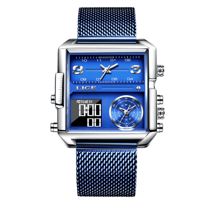 LIGE New Top Brand Luxury Fashion Men Watches Gold Steel Sports Square Digital Analog Big Quartz Watch for Man relogio masculino