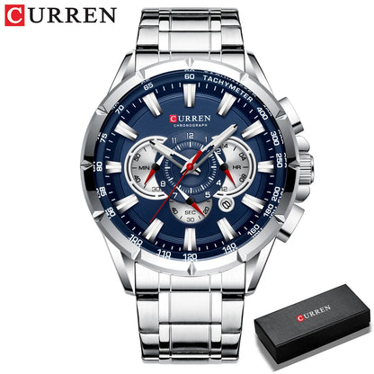 CURREN 8363 Casual Sport Chronograph Men's Watches Stainless Steel Band Wristwatch Big Dial Quartz Clock with Luminous Pointers