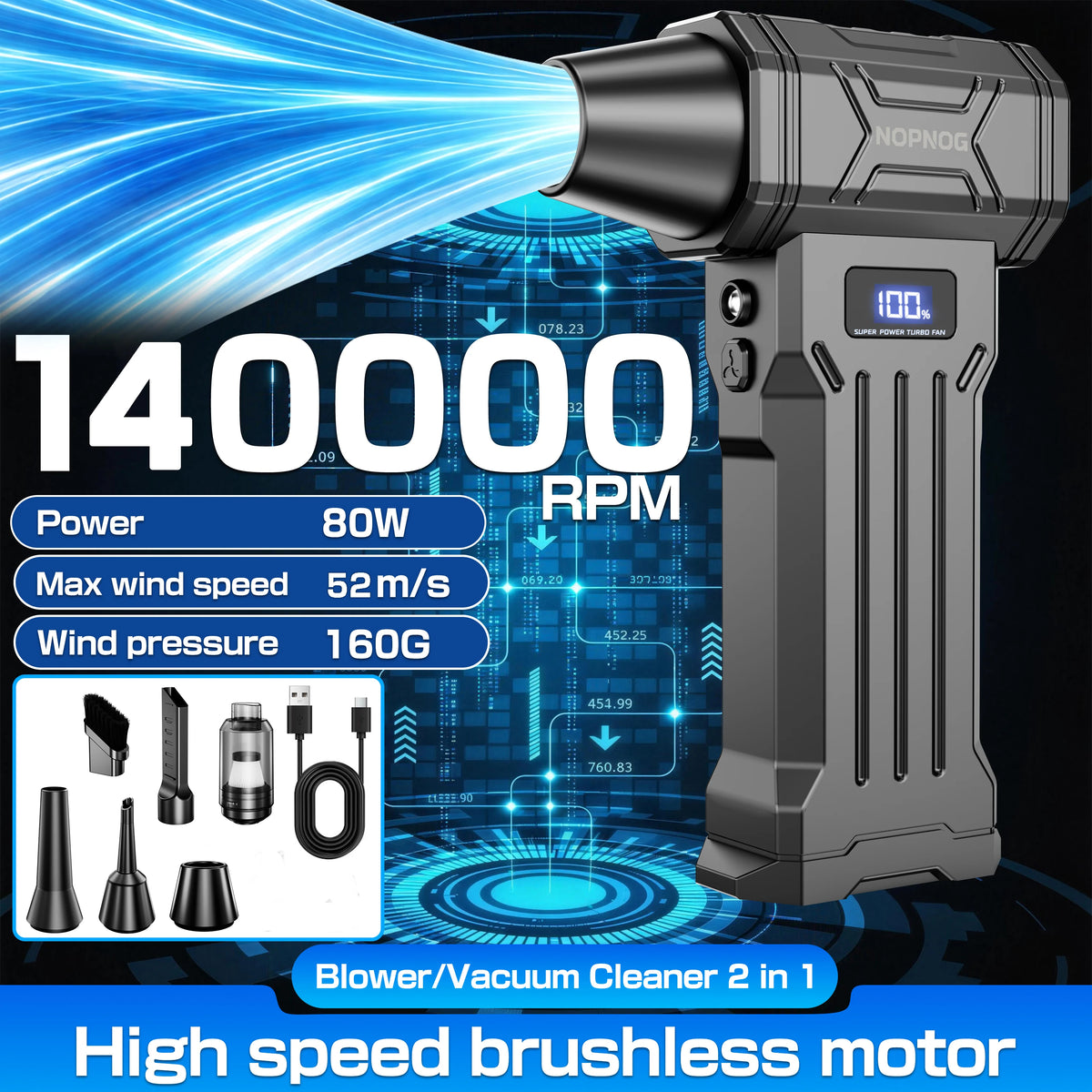 Car Vacuum Cleaner Turbo Fan Air Blower Cleaning Tools Air Duster Electric Dust Collector Hair Dryer for RV Truck Trailer Home Outdoors Camping Universal Auto Accessories