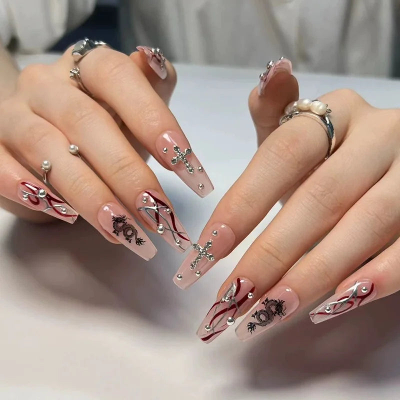 24Pcs Horror Comic Tomie Press on Nails – Almond Glossy Black Japanese Anime Nails, Reusable Halloween False Nail Tips
