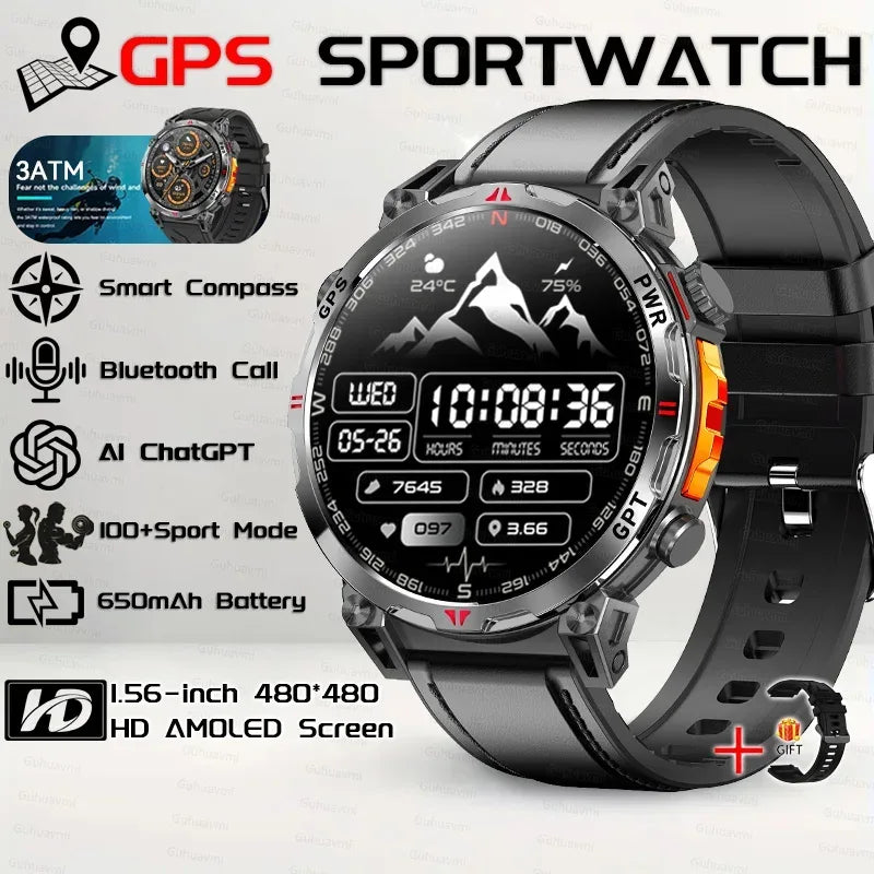 Military Grade Smart Watch Men GPS Compass Altimeter Clock 1.56" AMOLED 5ATM Waterproof Sport Fitness Tracker BT Call Smartwatch - Urbizia