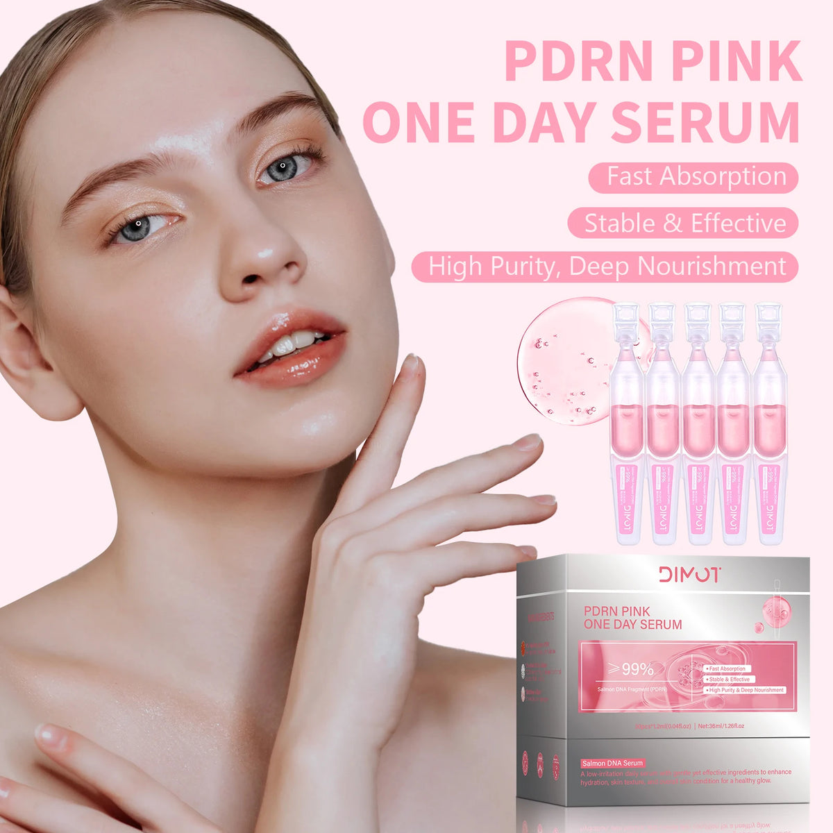30pcs/Box PDRN Pink One Day Serum Deep Moisturizing,Repairs,Brightens,Reduces Sagging Skin Care Essence Multi-effect Benefits