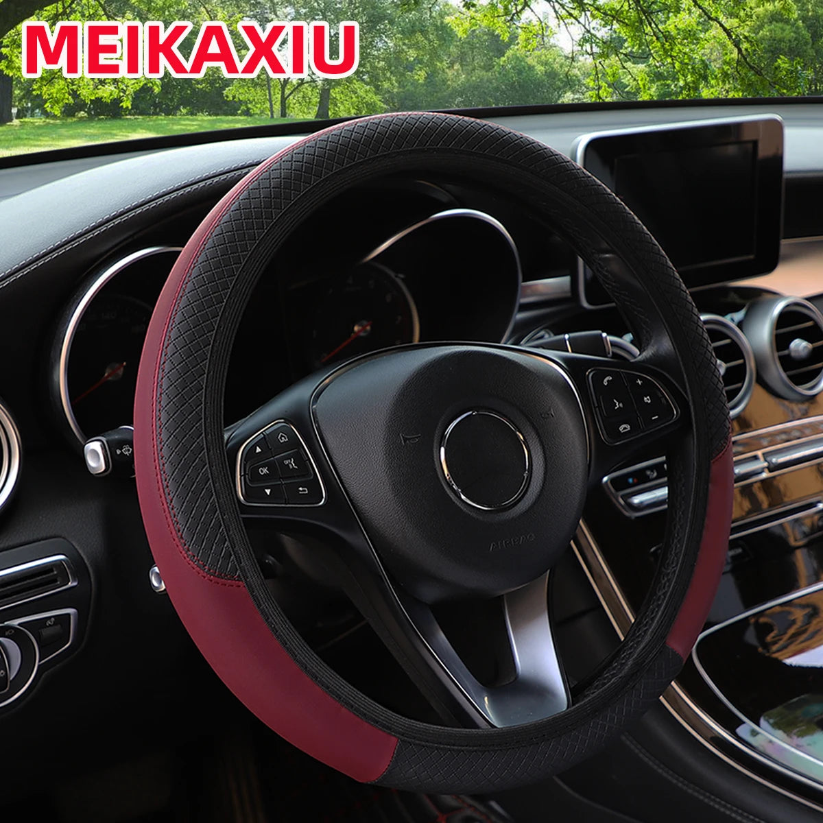 PU leather checkered embossed multi-color car rimless steering wheel cover suitable for 14.5 - 15 inch car interior accessories