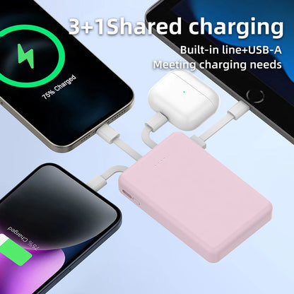 Mini 5000mAh Portable Power Bank With Built-in LED Digital Display, 1 USB-A Port and 3 Integrated Charging Cords, Ultra Compact External Battery Pack, Support Multiple Devices Simultaneous Charging Compatible With  Android Sm