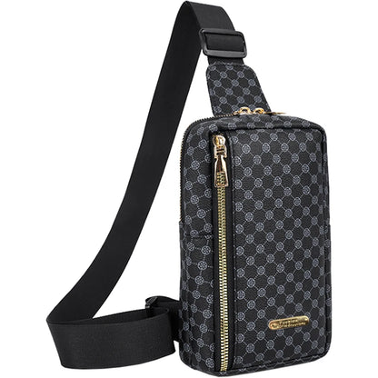 Brown Classic Plaid Pattern Chest Bag, Multi-zip Spacious Sling Purse Fits Phone, Makeup and Small Daily Essentials