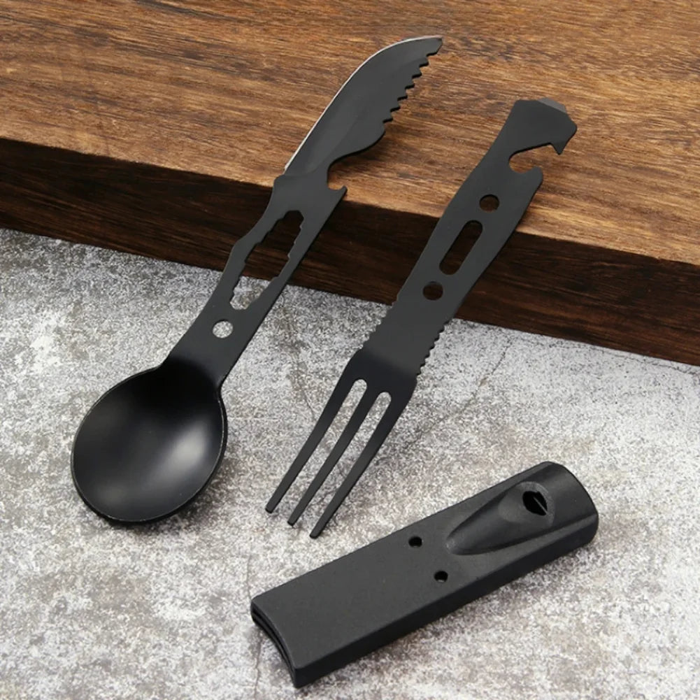 Portable Multifunctional Stainless Steel Camping Tool Set,Outdoor Tableware Kit With Spoon Fork AndWhistleForHiking PicnicTravel