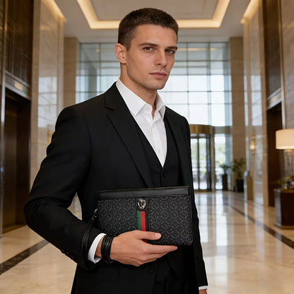 European and American Fashion High-End Men's Clutch Bag, Lion Head Metal Buckle Decorative Handbag for Business Casual Envelope