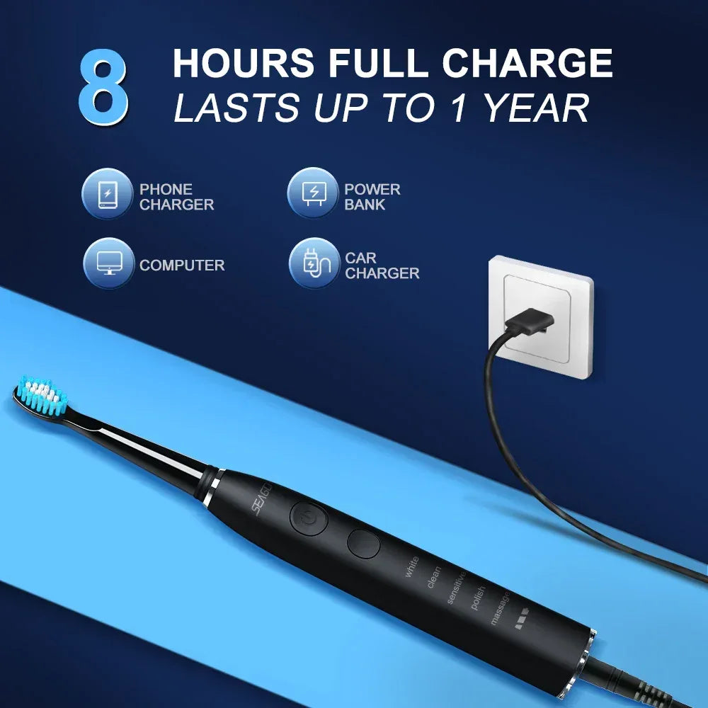Seago Electric Toothbrush USB Rechargeable Adult 360 Days Long Battery Life IPX7 4 Replacement Heads Travel Box SG-575 - Urbizia