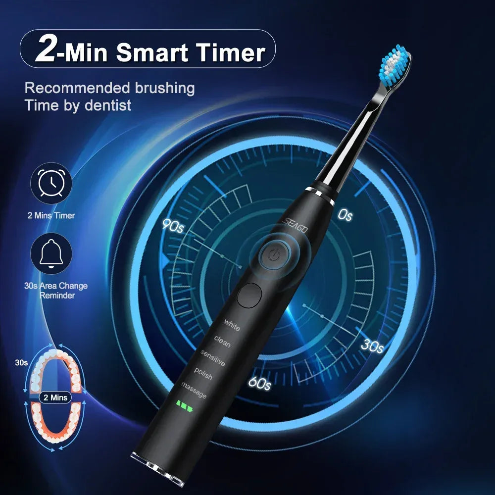 Seago Electric Toothbrush USB Rechargeable Adult 360 Days Long Battery Life IPX7 4 Replacement Heads Travel Box SG-575 - Urbizia
