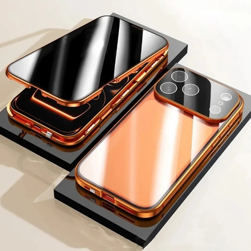 360 ° Full Protection Metal Magnetic Double-Sided Glass Snap Lock Privacy Case For iPhone 17 16 15 14 13 12 Pro Max Plus 17E 16E