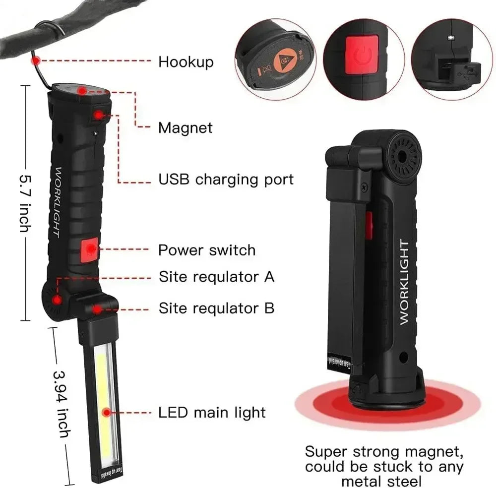 COB LED Folding Flashlight Portable Magnetic Work Light Lantern USB Rechargeable Emergency Repair Camping Torch Lamp With Hook - Urbizia
