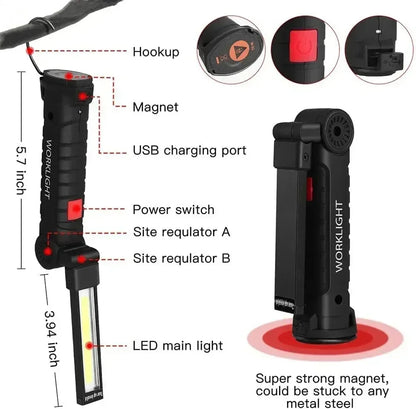 COB LED Folding Flashlight Portable Magnetic Work Light Lantern USB Rechargeable Emergency Repair Camping Torch Lamp With Hook - Urbizia