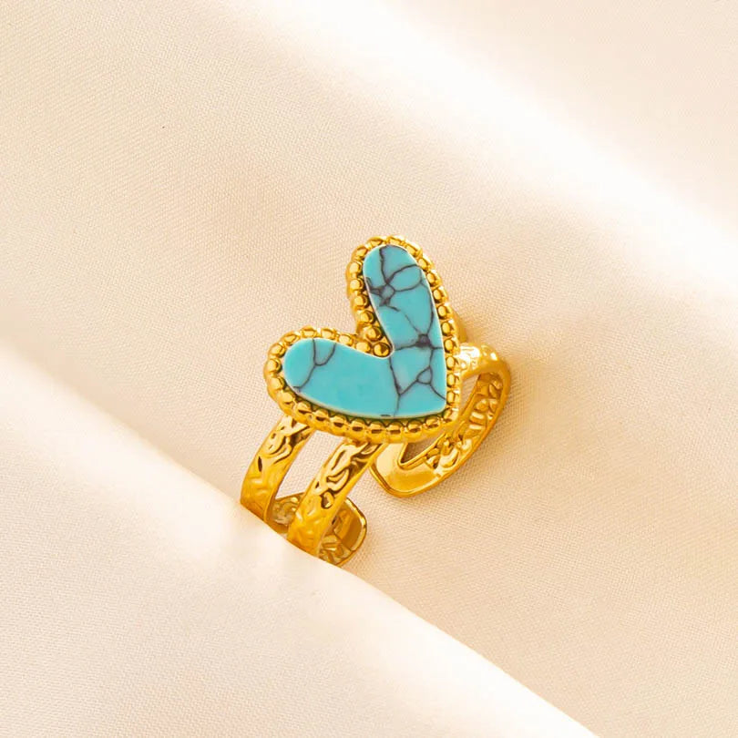 Turquoise Finger Jewelry Long Oval Sun Heart Water Drop Stainless Steel Rings For Women Men Accessories Gold Plated Open Anillos