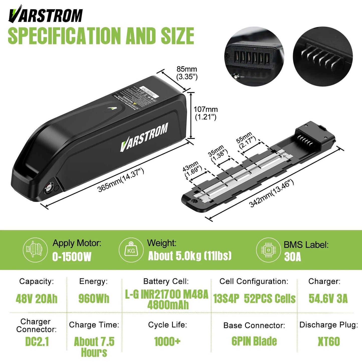 [US Stock] Varstrom Electric Bike Battery Hailong 48V 52V 20AH 30A Downtube Pack with 21700 Battery Cells 40A BMS for BBS02 TSDZ8 EBike Motor