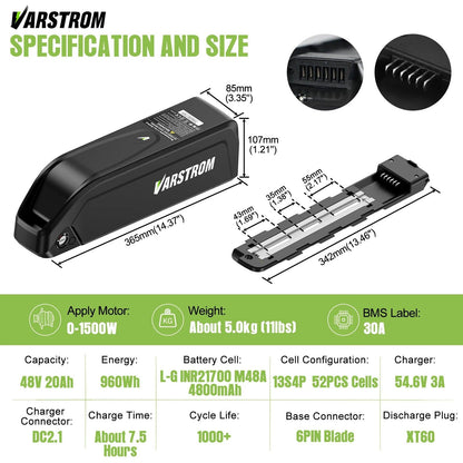 [US Stock] Varstrom Electric Bike Battery Hailong 48V 52V 20AH 30A Downtube Pack with 21700 Battery Cells 40A BMS for BBS02 TSDZ8 EBike Motor
