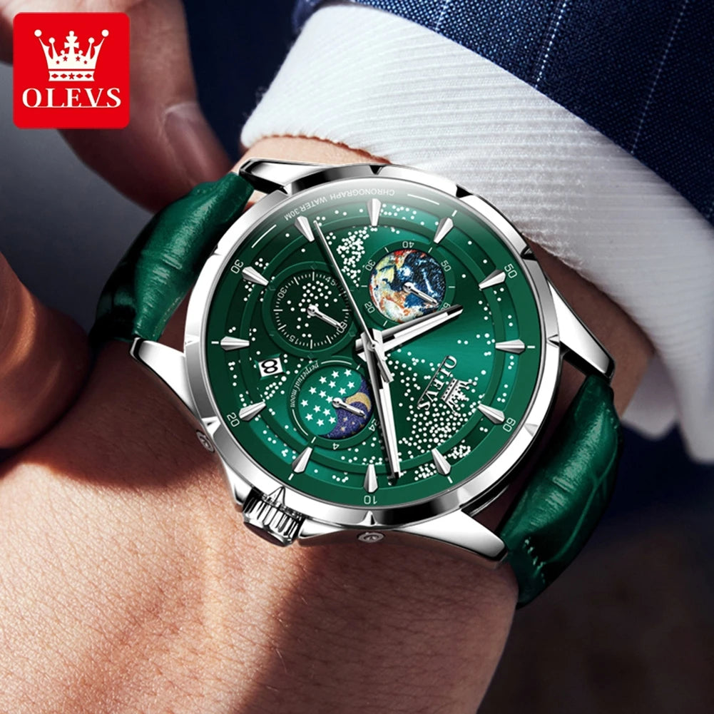 OLEVS Fashion Starry Sky Green Dial Quartz Watch for Men Multifunction Moon Phase Luminous Chronograph Watches Relogio Masculino