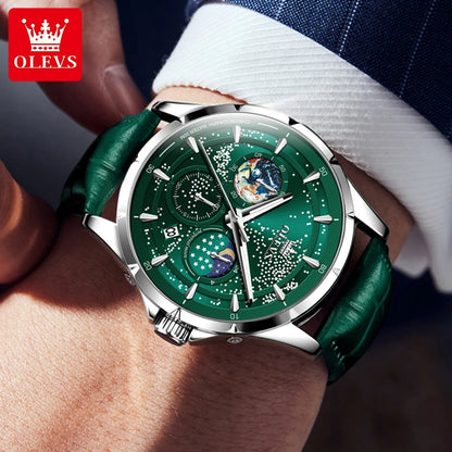 OLEVS Fashion Starry Sky Green Dial Quartz Watch for Men Multifunction Moon Phase Luminous Chronograph Watches Relogio Masculino
