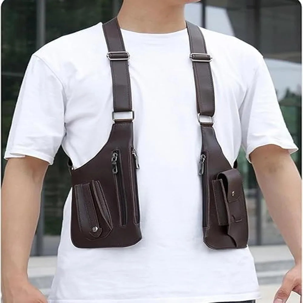 Double Shoulder Strap Multi-Pocket Outdoor Anti-Theft Tactical Fishing Bag Waterproof PU Multi-Purpose Men's Crossbody Bags