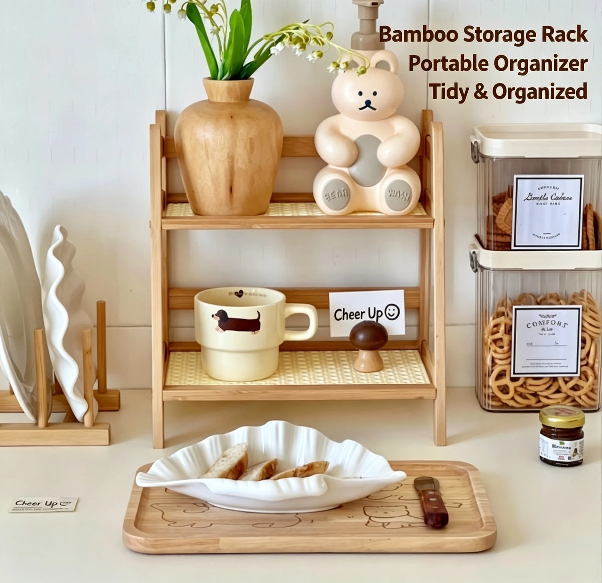 Retro Bamboo 2 Layer Storage Rack Countertop Organizer Stable Kitchen Shelf for Home Hotel Apartment Dressing Table