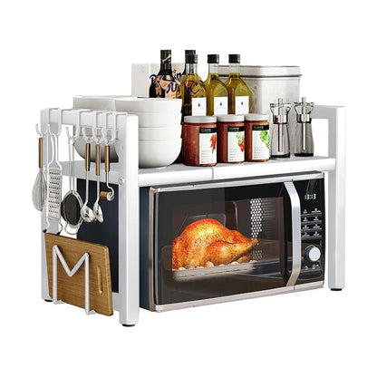 Adjustable Microwave Oven Rack with Hooks & Storage Stand