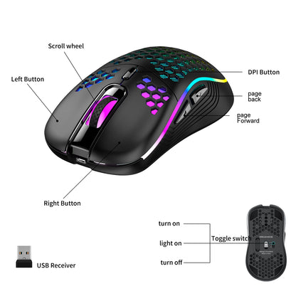 Wireless Gaming Mouse Honeycomb 2.4G USB Cordless Mouse RGB Rechargeable PC Game Mice With LED Lights, Drag-Free Paracord, Ergon