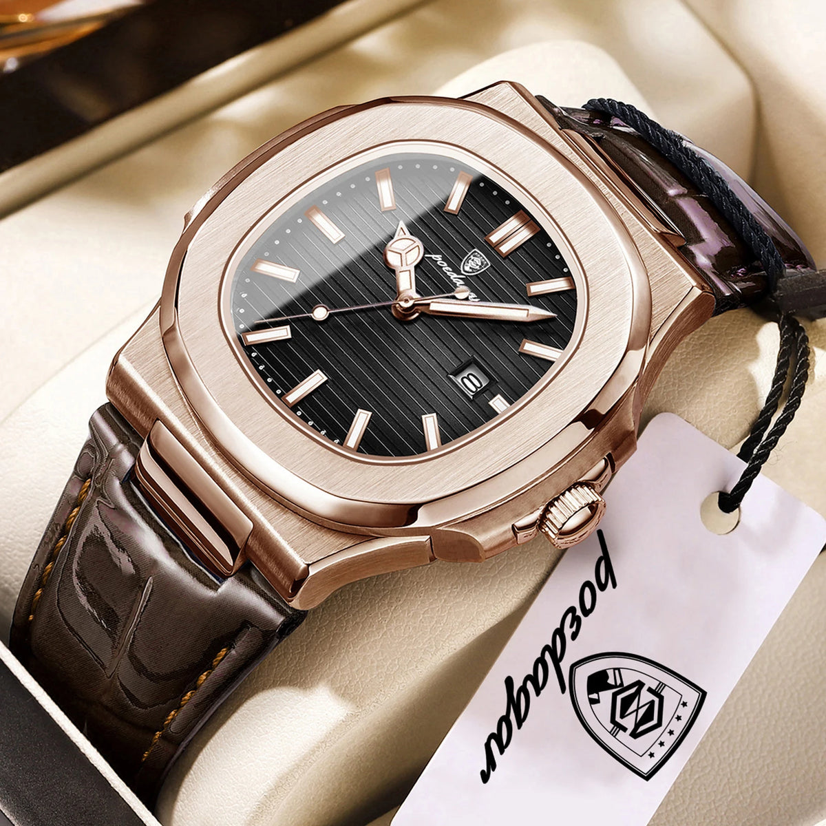 POEDAGAR Business Men's Watch Date Waterproof Luminous Luxury Men Clock High Quality Leather Quartz Square Watches For Man Reloj