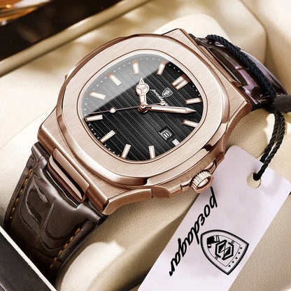 POEDAGAR Business Men's Watch Date Waterproof Luminous Luxury Men Clock High Quality Leather Quartz Square Watches For Man Reloj