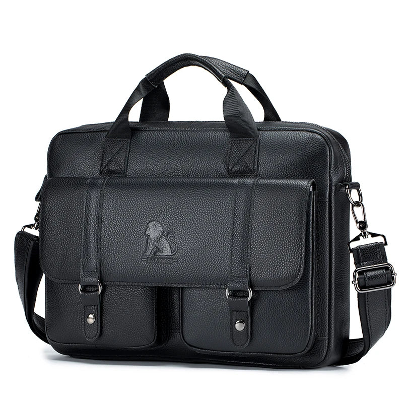 Genuine Leather Men's Briefcase with Double Front Pockets, Large Capacity Computer Bag, Diagonal Cross Handbag