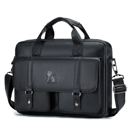 Genuine Leather Men's Briefcase with Double Front Pockets, Large Capacity Computer Bag, Diagonal Cross Handbag