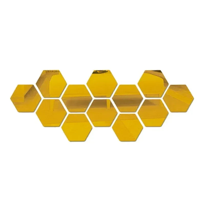 6/12pc Hexagon Mirror Wall Stickers 3D DIY Acrylic Mirror Sticker Self Adhesive Decals Removable Living Room Bathroom Home Decor - Urbizia