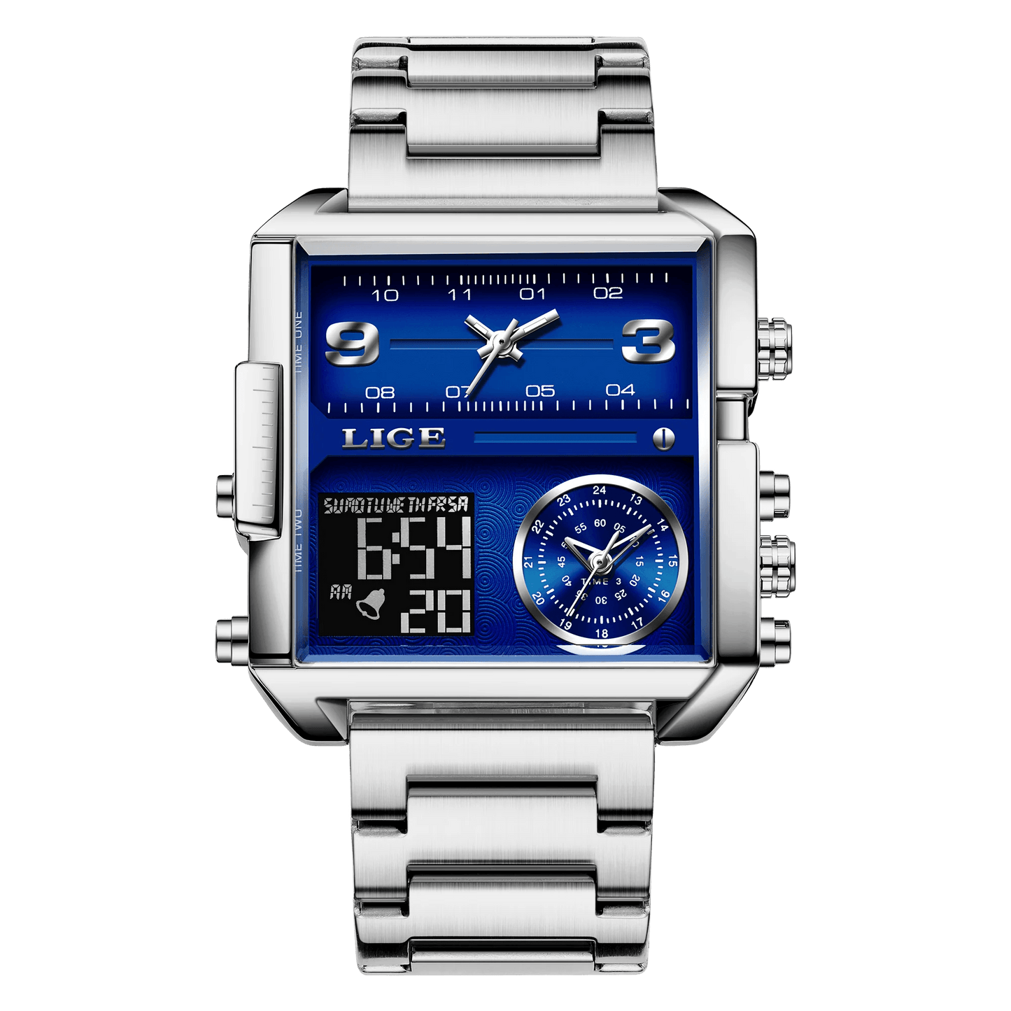 LIGE New Top Brand Luxury Fashion Men Watches Gold Steel Sports Square Digital Analog Big Quartz Watch for Man relogio masculino