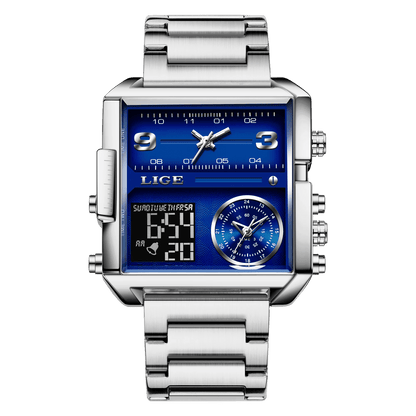LIGE New Top Brand Luxury Fashion Men Watches Gold Steel Sports Square Digital Analog Big Quartz Watch for Man relogio masculino
