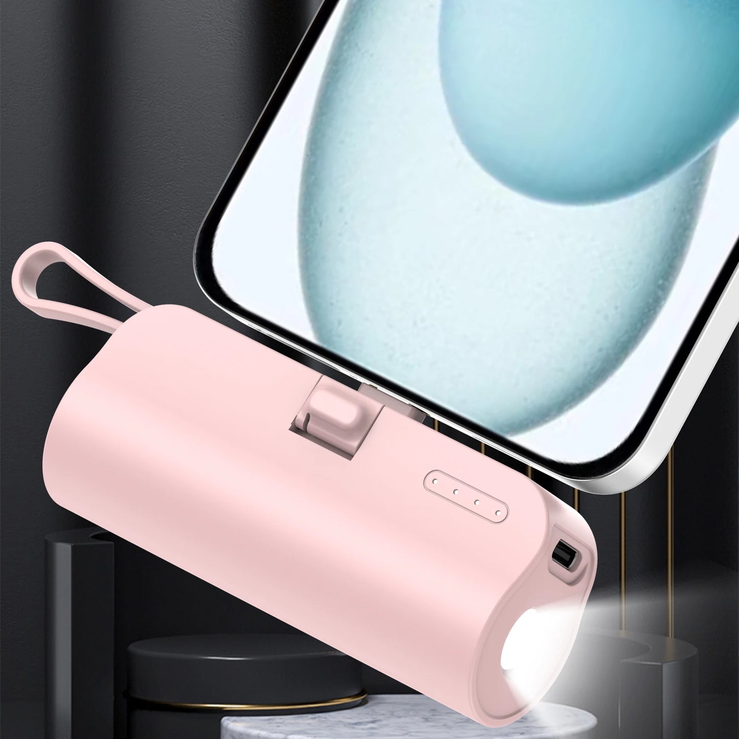 Mini Portable 5000mAh Power Bank with Built-in Cable Charging Port, Built-in LED Lighting Lamp, and Built-in Stand Function