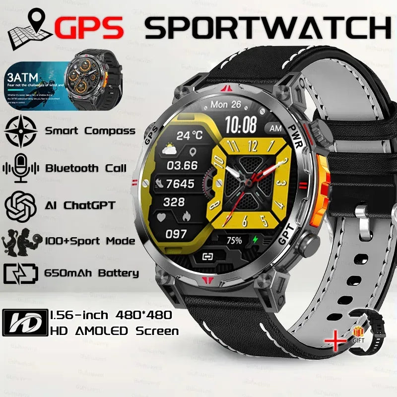 Military Grade Smart Watch Men GPS Compass Altimeter Clock 1.56" AMOLED 5ATM Waterproof Sport Fitness Tracker BT Call Smartwatch - Urbizia